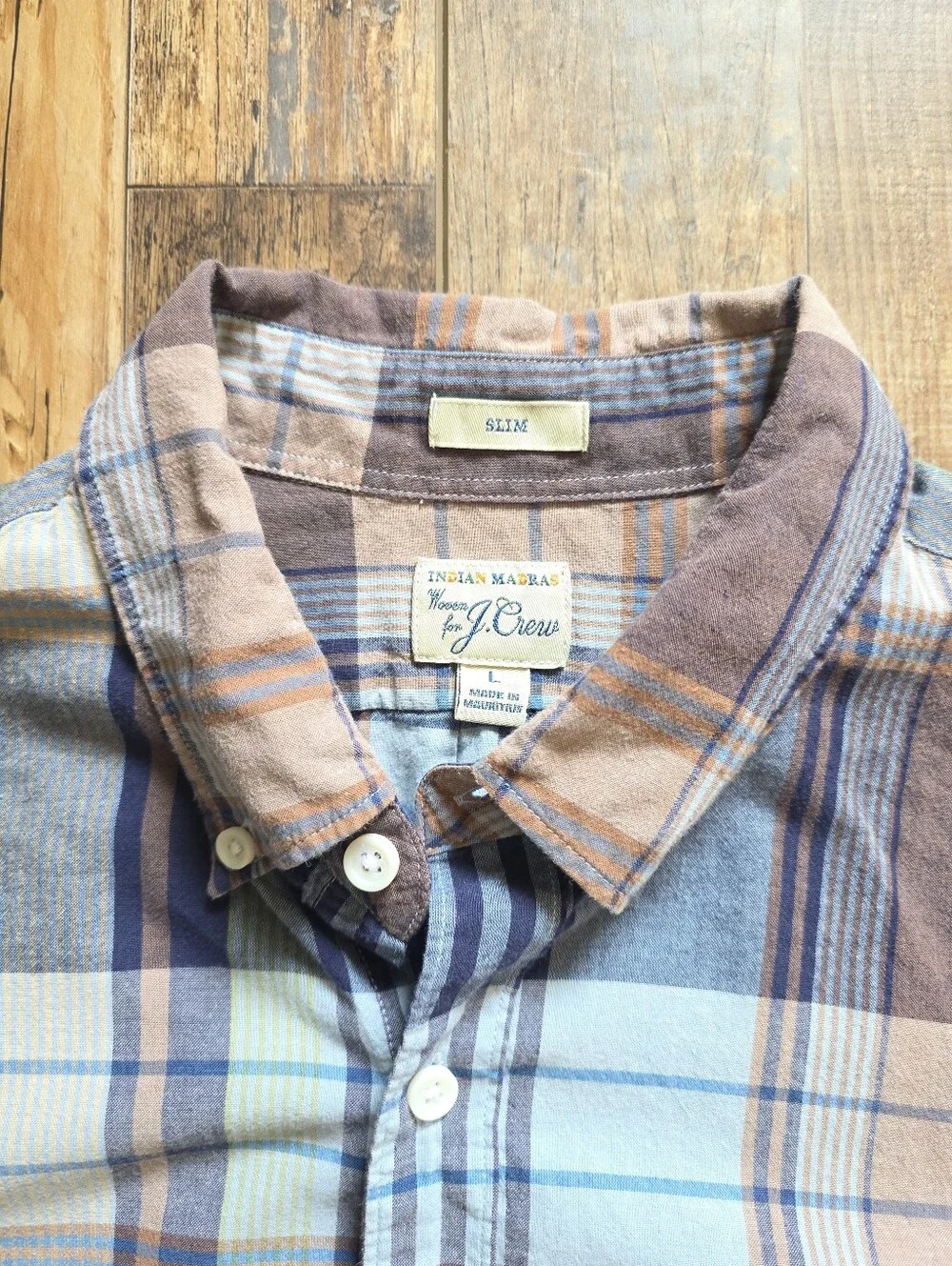 J.Crew - Slim Indian Madras Plaid Shirt - Large - Blue Beige Plaid